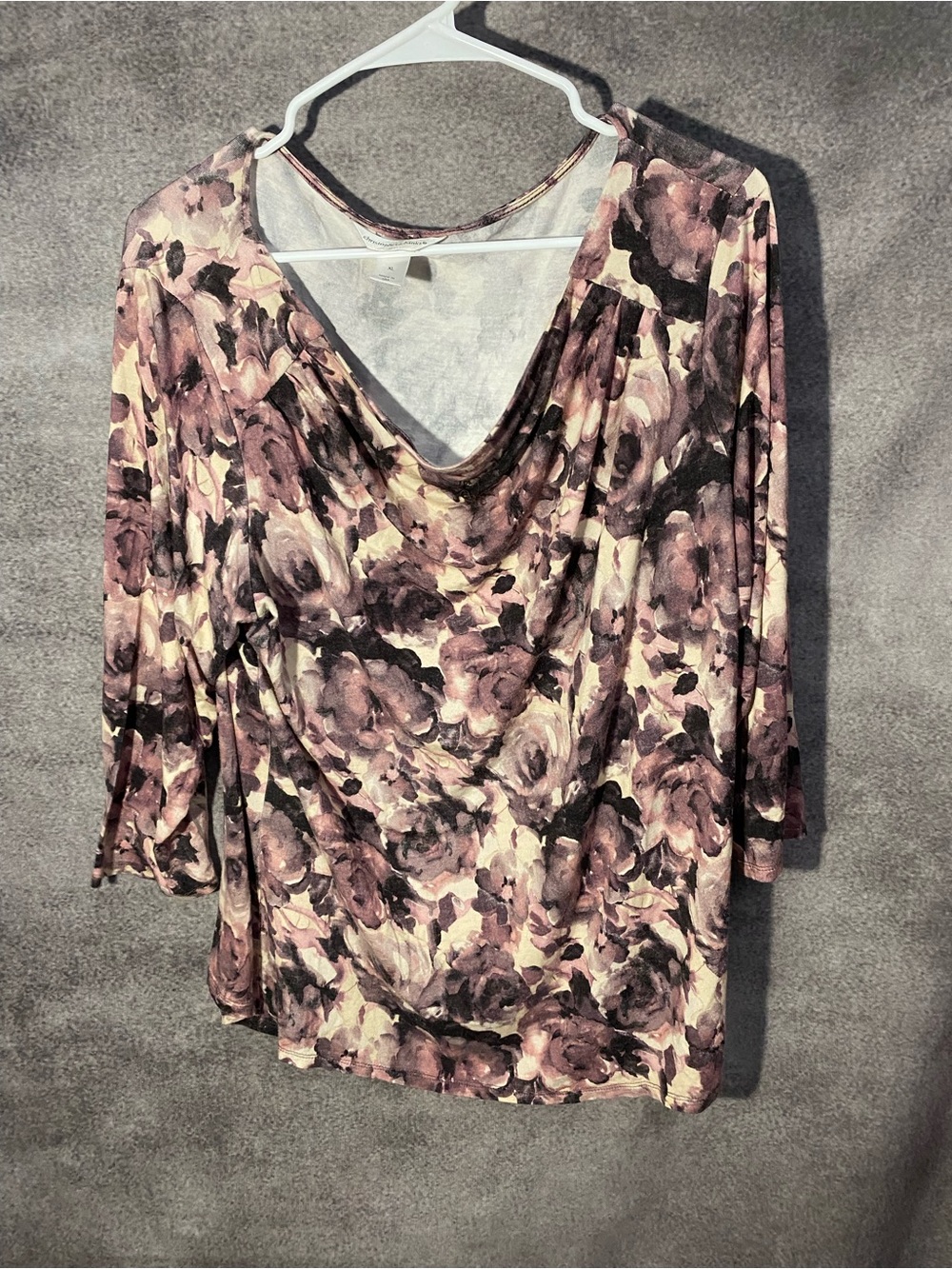 Christopher & Banks XL Floral Cowl Neck Top Purple Gray 3/4 Sleeve Made in USA